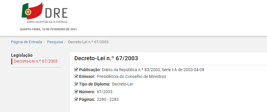 Decreto-Lei n.º 67/2003, de 8 de abril
