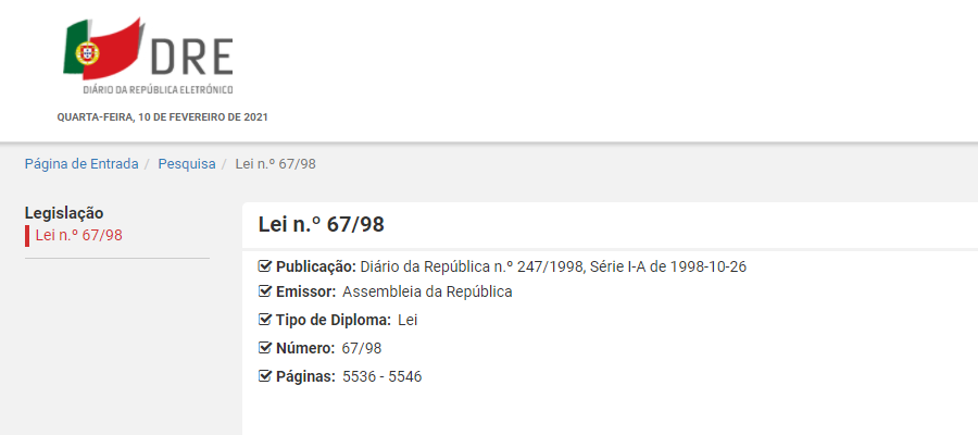 Lei n.º 67/98, de 26 de outubro